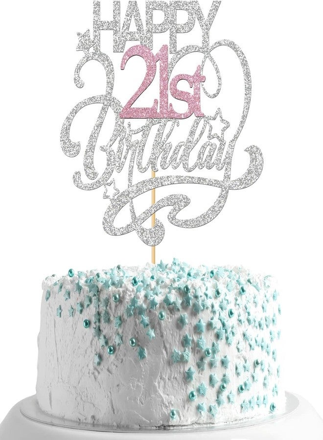 Confetti! Happy Birthday Cake Topper | Cheers to Another Year | Children's Birthday Party Decor Supplies | Silver & Pink Glitter (21st Birthday) - Image 1